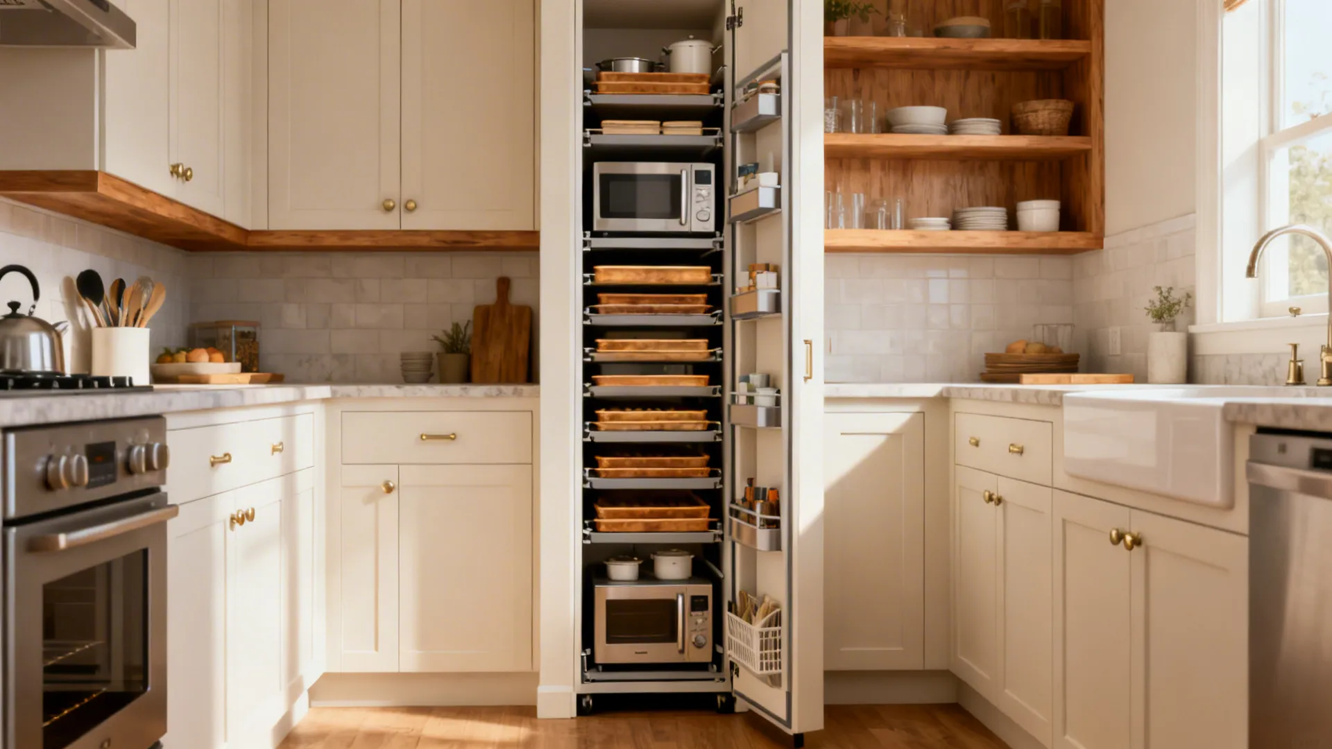 Tall narrow pull-out pantry cabinets in a small kitchen maximizing vertical storage
