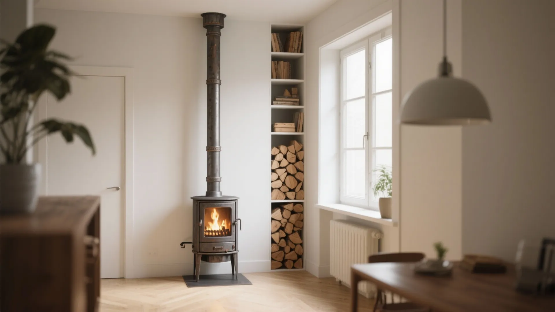 Vintage wood burning stove in white room next to a tall shelf with stacked firewood