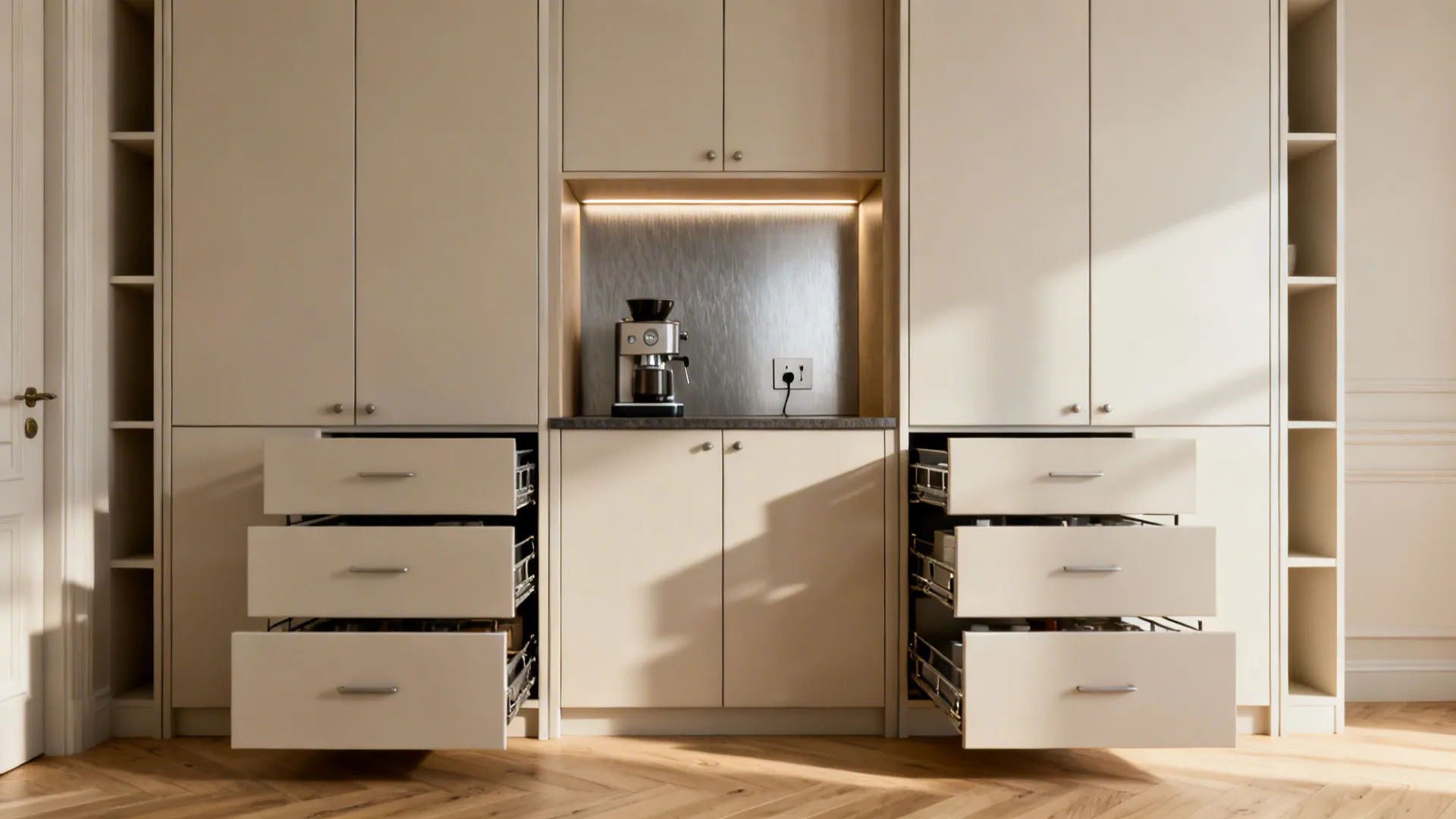 Full-height cabinet run with a central coffee niche and pull-out pantry hardware extended.