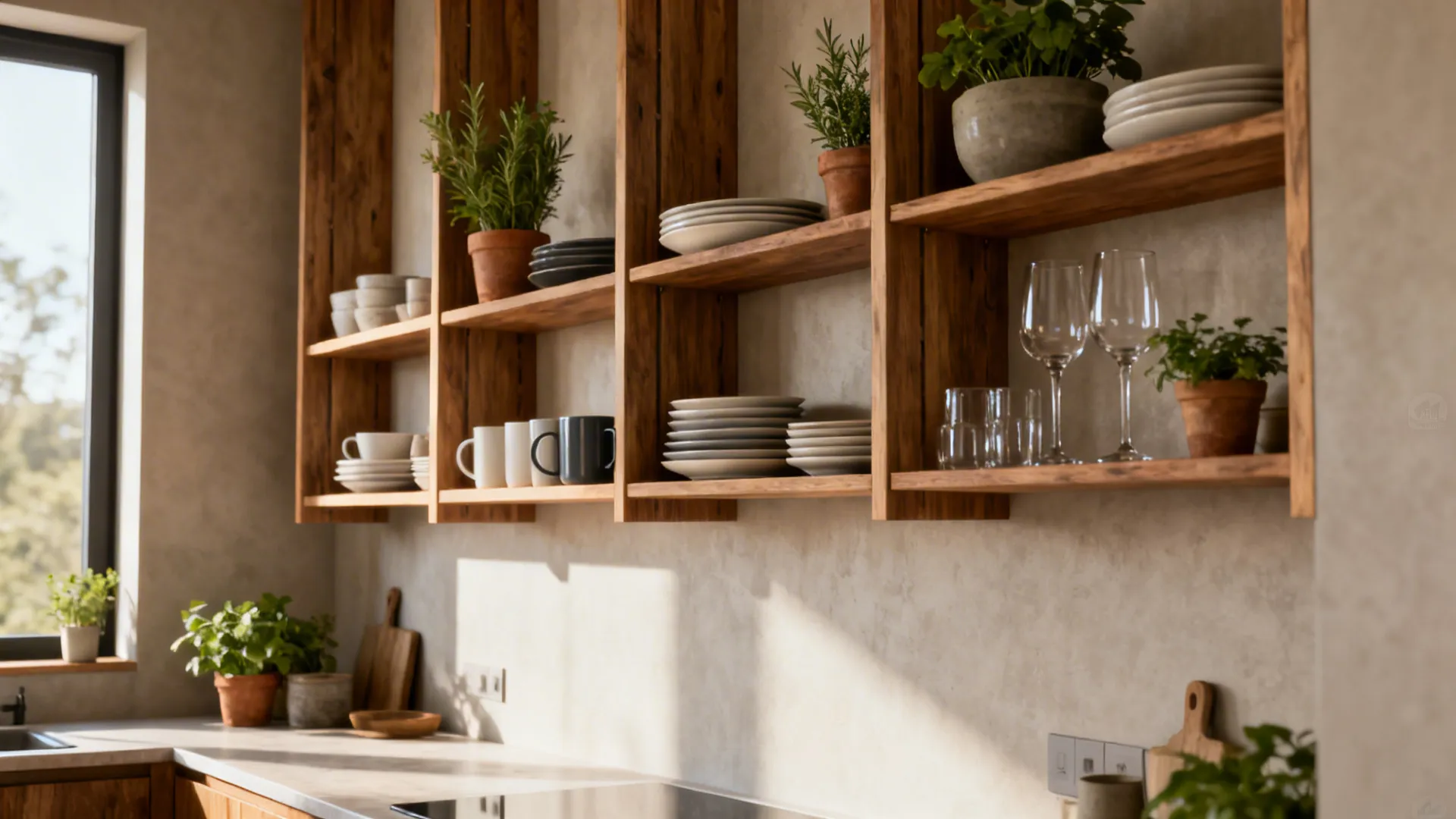 Narrow tall open wooden shelving in a small kitchen holding dishes and plants, clear counters