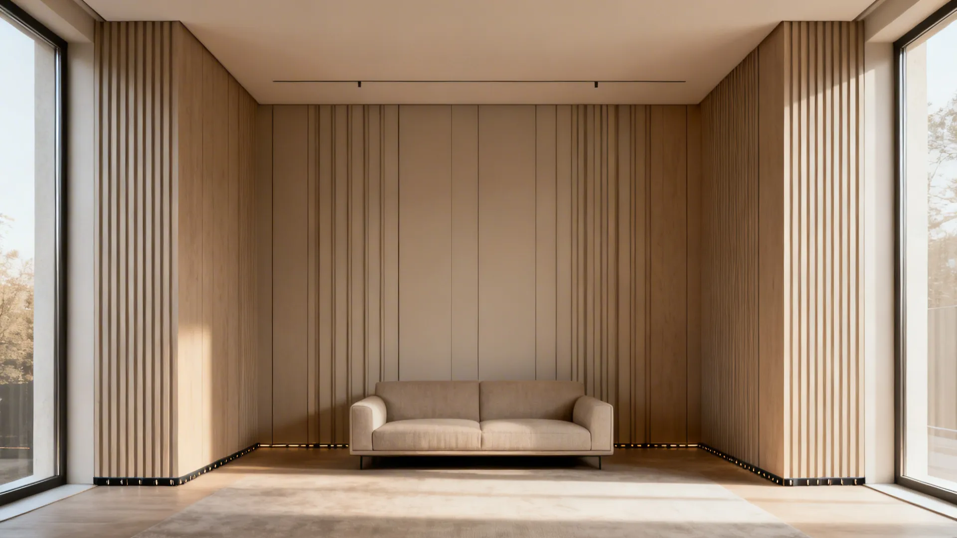 Narrow living room with floor-to-ceiling vertical blinds that visually raise the ceiling