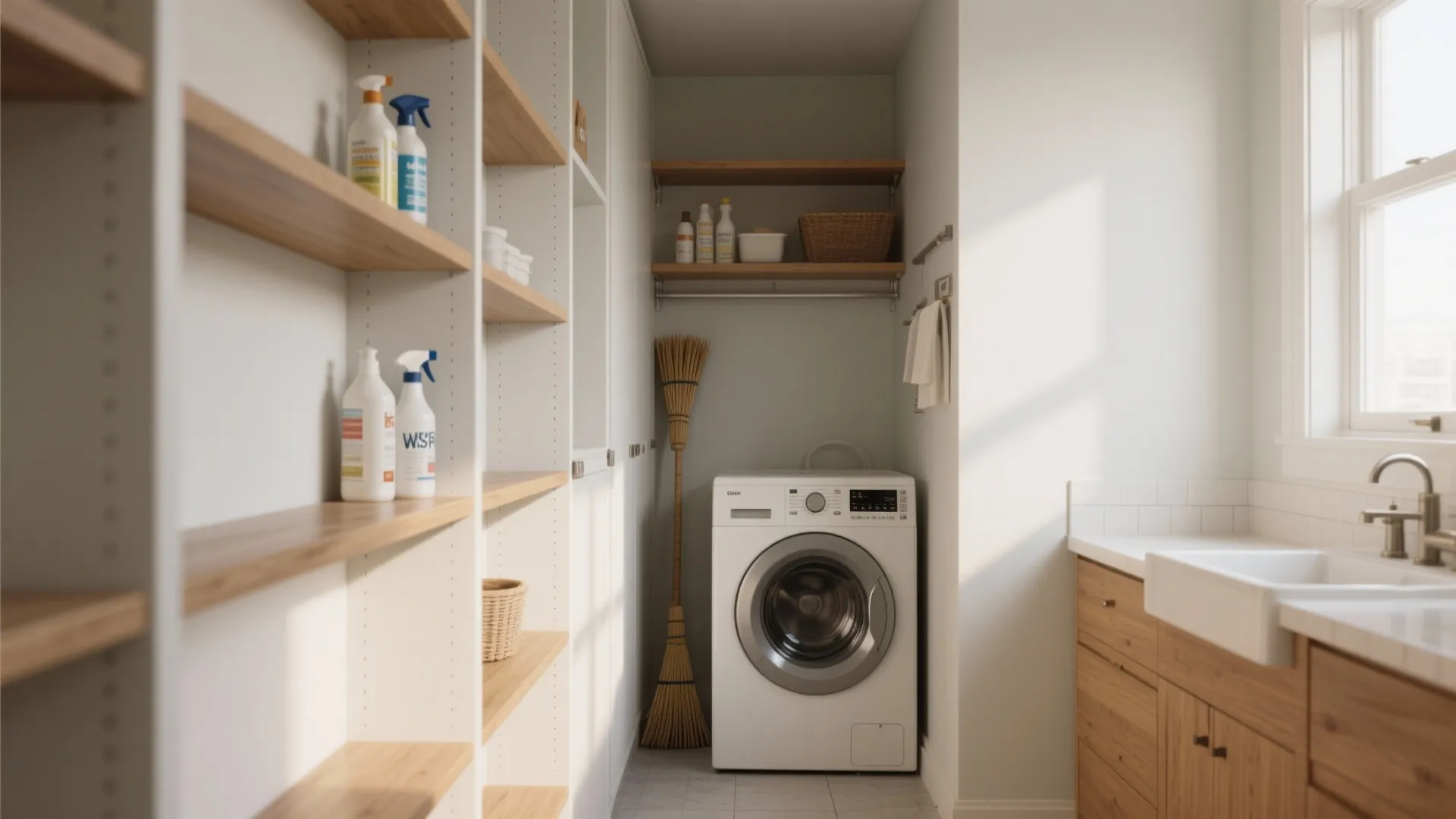 Small utility room with washing machine floor to ceiling shelves cleaning supplies and wood sink