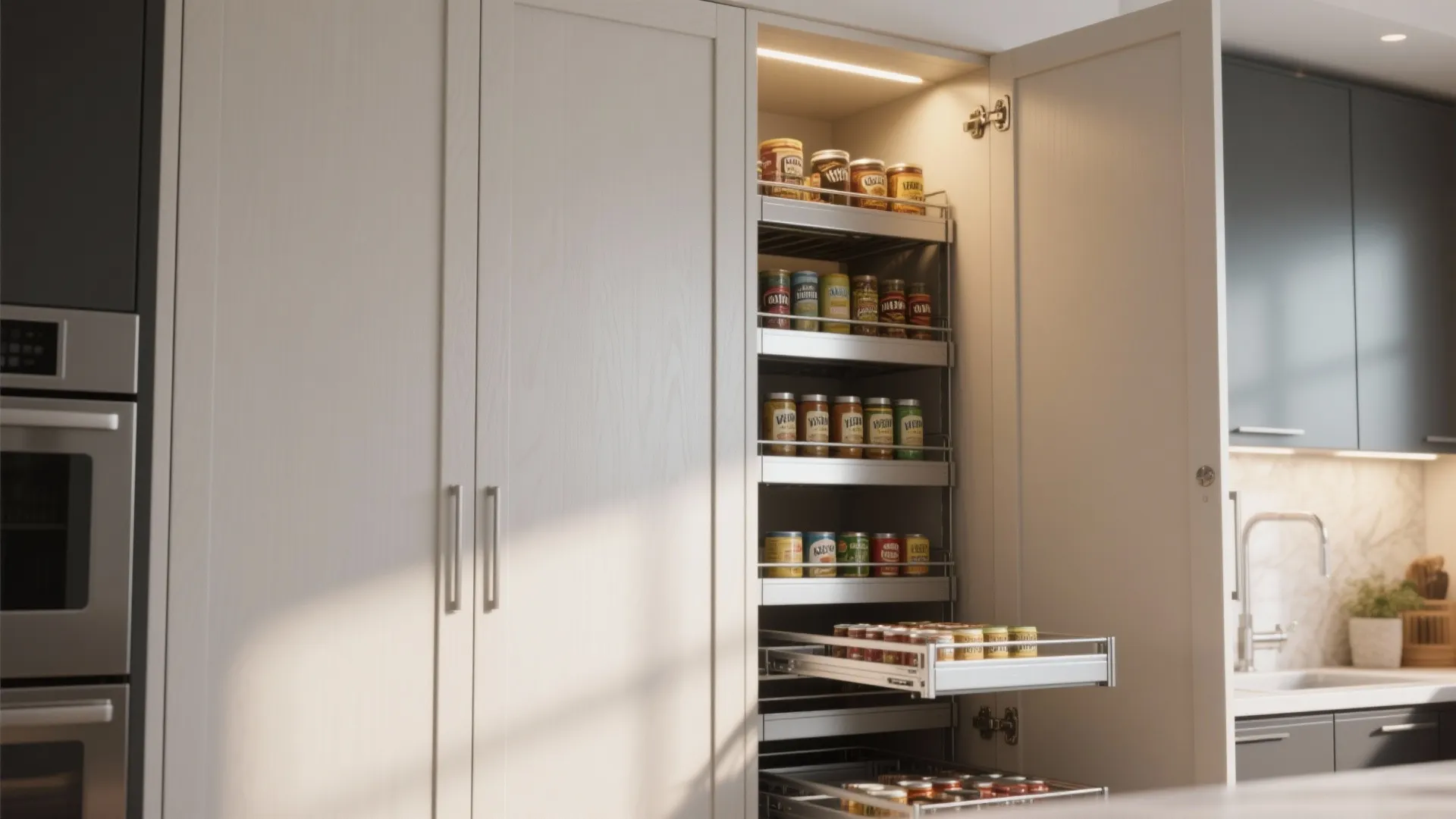 Tall pantry cabinet with pull-out shelves and soft-close hinges in a modern kitchen.