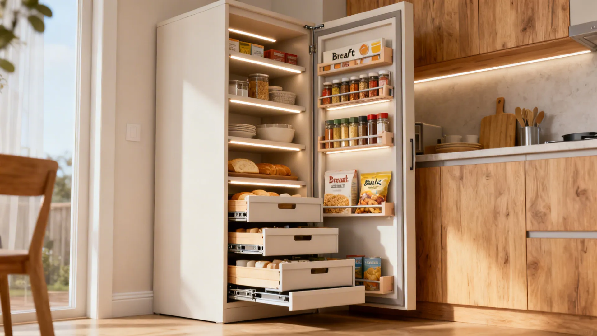 Full-height pantry almirah open to show pull-outs, spice racks, and lit adjustable shelves.