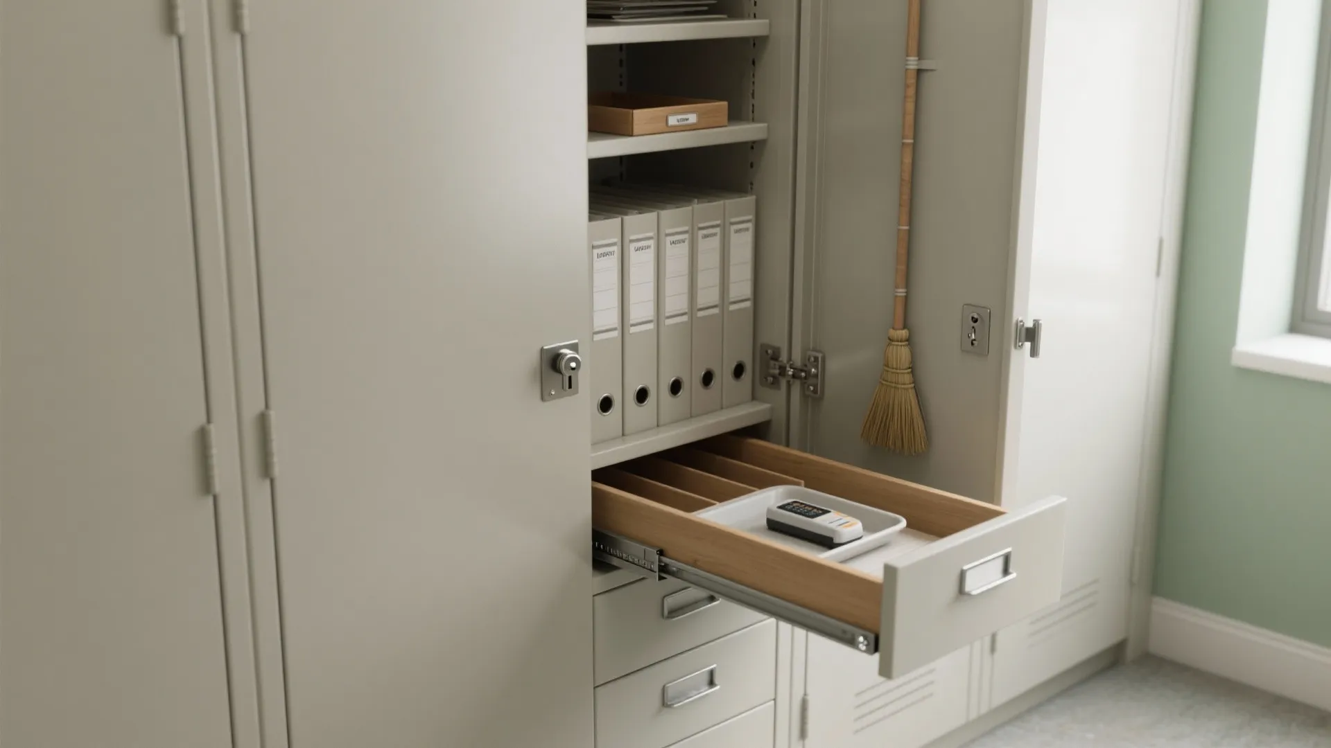 Tall grey storage cabinet with shelves holding binders a wooden tray and one open drawer