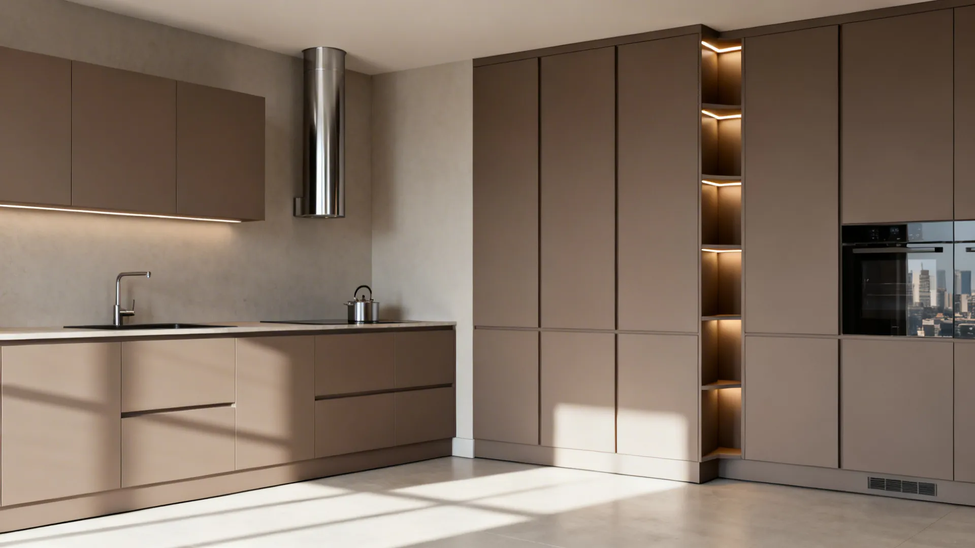 Modern kitchen interior featuring brown cabinets, tall pantry storage, open lighted shelves, and an oven