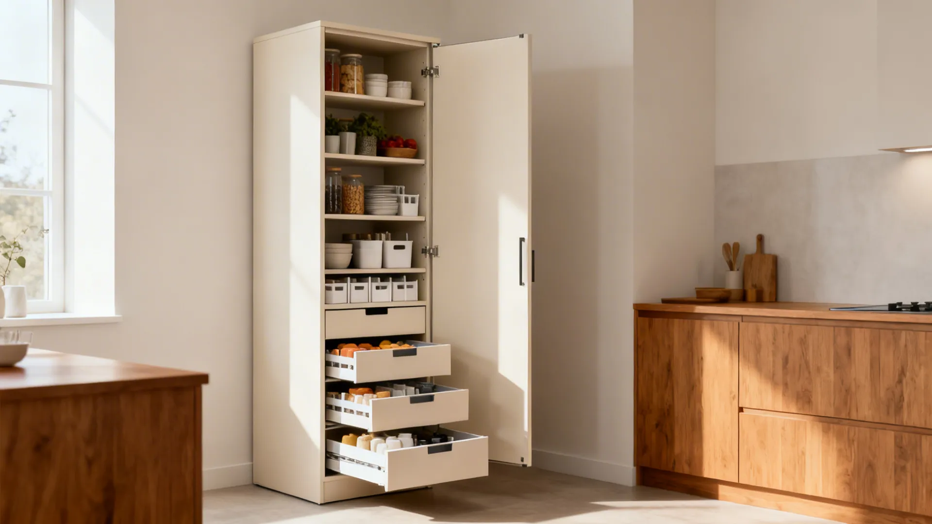 Tall pantry tower with interior drawers organizes groceries in a compact kitchen.