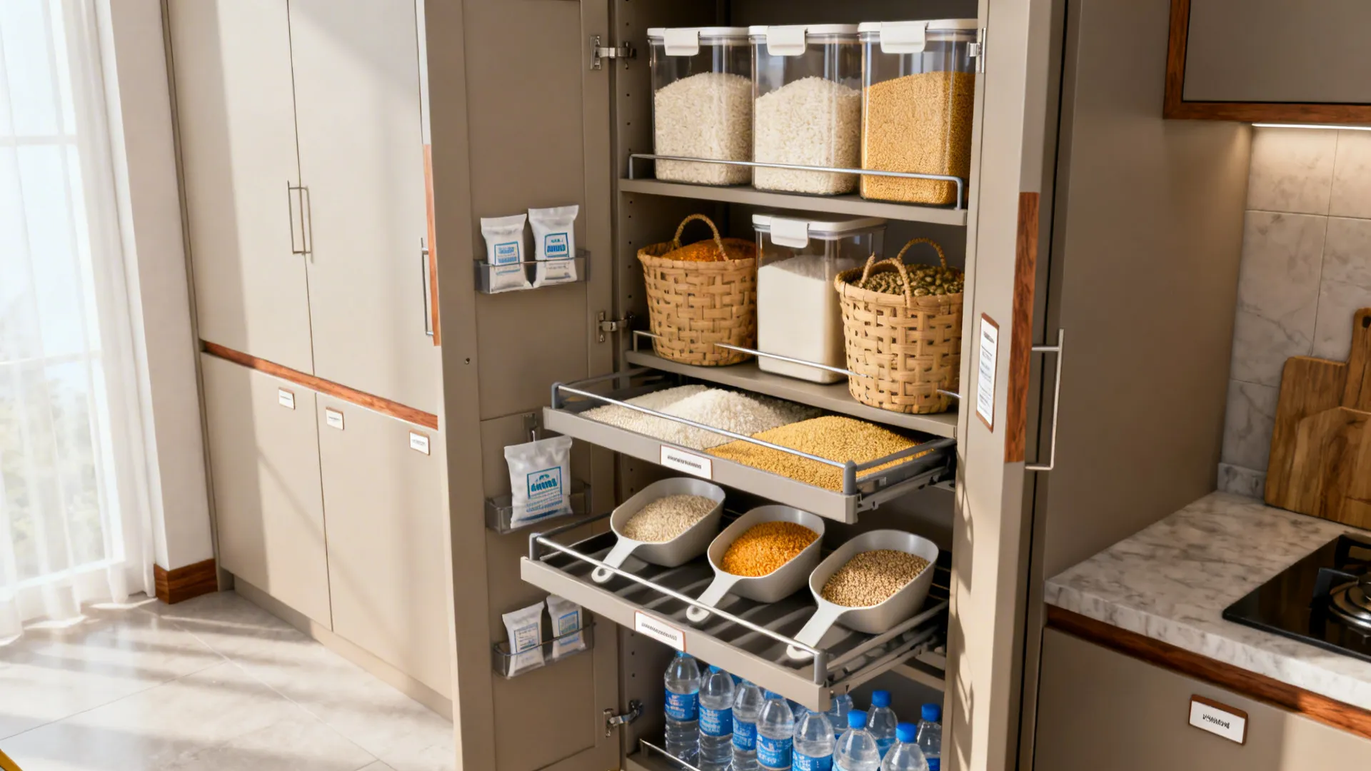 Open kitchen pantry cabinet featuring organized food containers baskets pull out drawers and water bottles