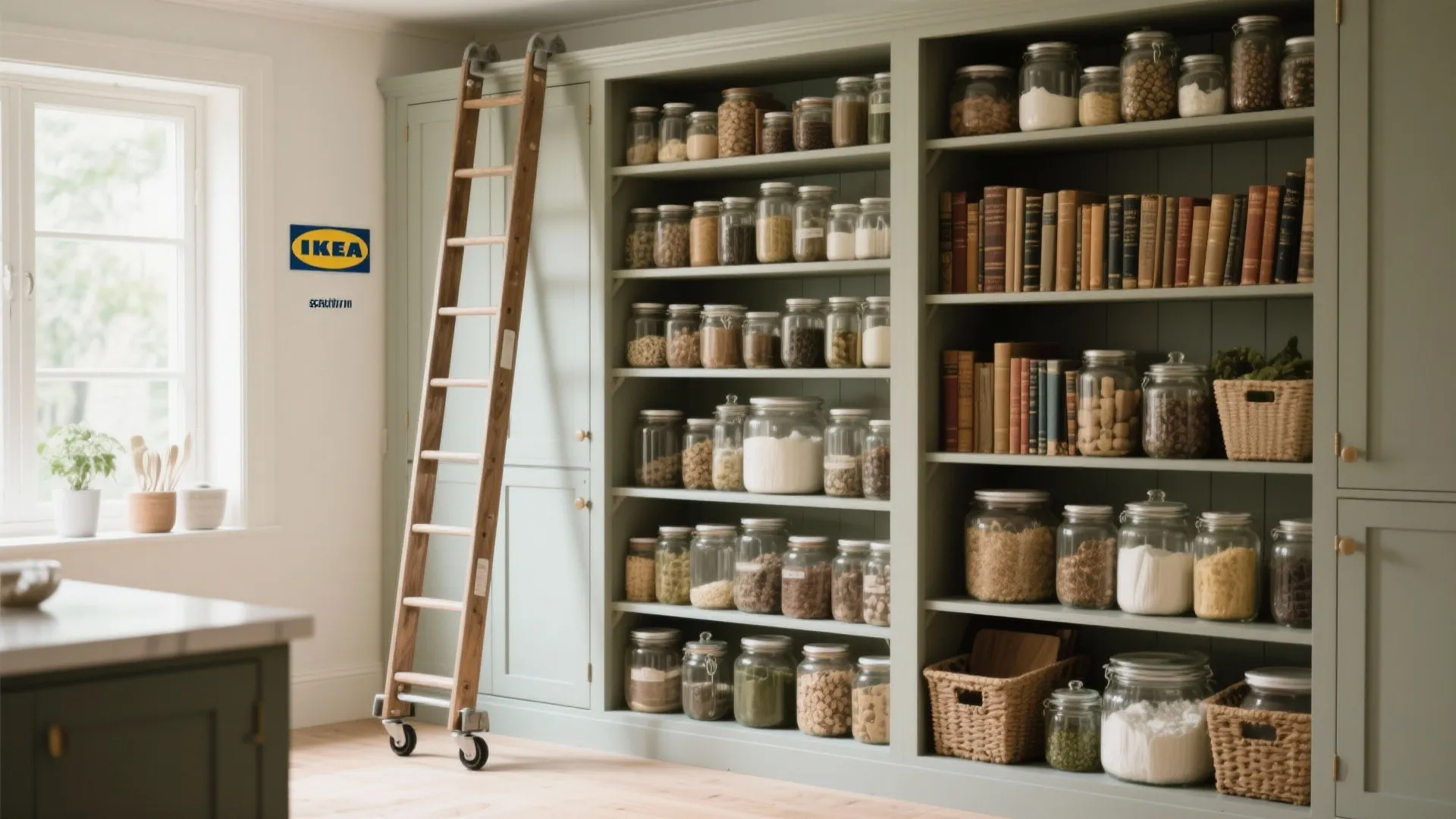 Large green wall cabinet with many glass jars and a wooden ladder for reaching high shelves