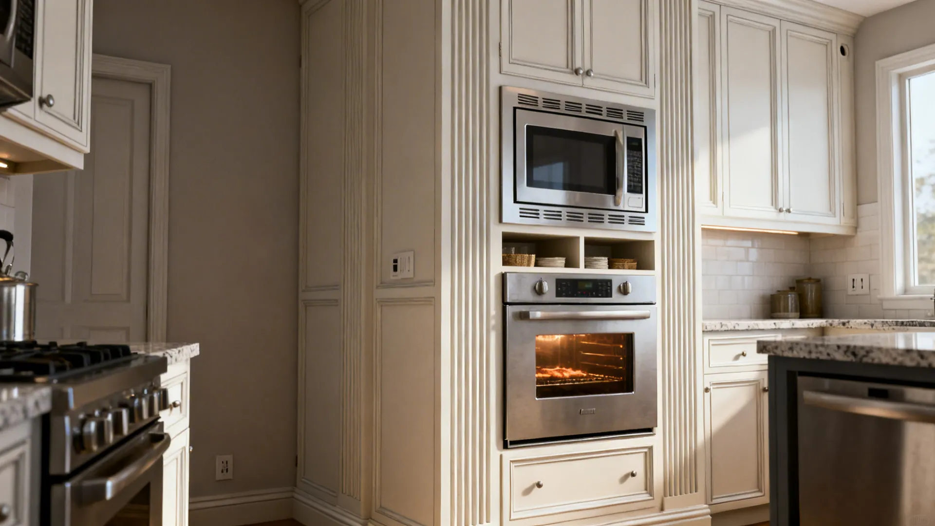 Tall pantry column with an eye-level built-in microwave above a warming drawer