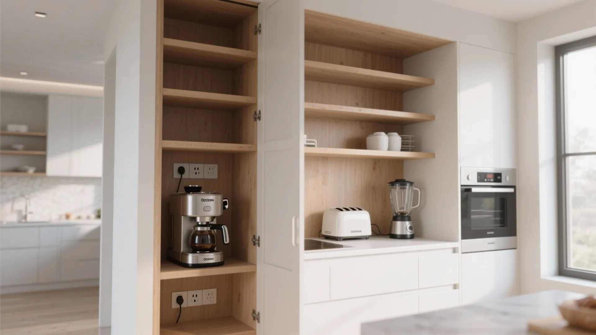 Tall white kitchen cabinet with open wooden shelves containing a coffee maker toaster and blender