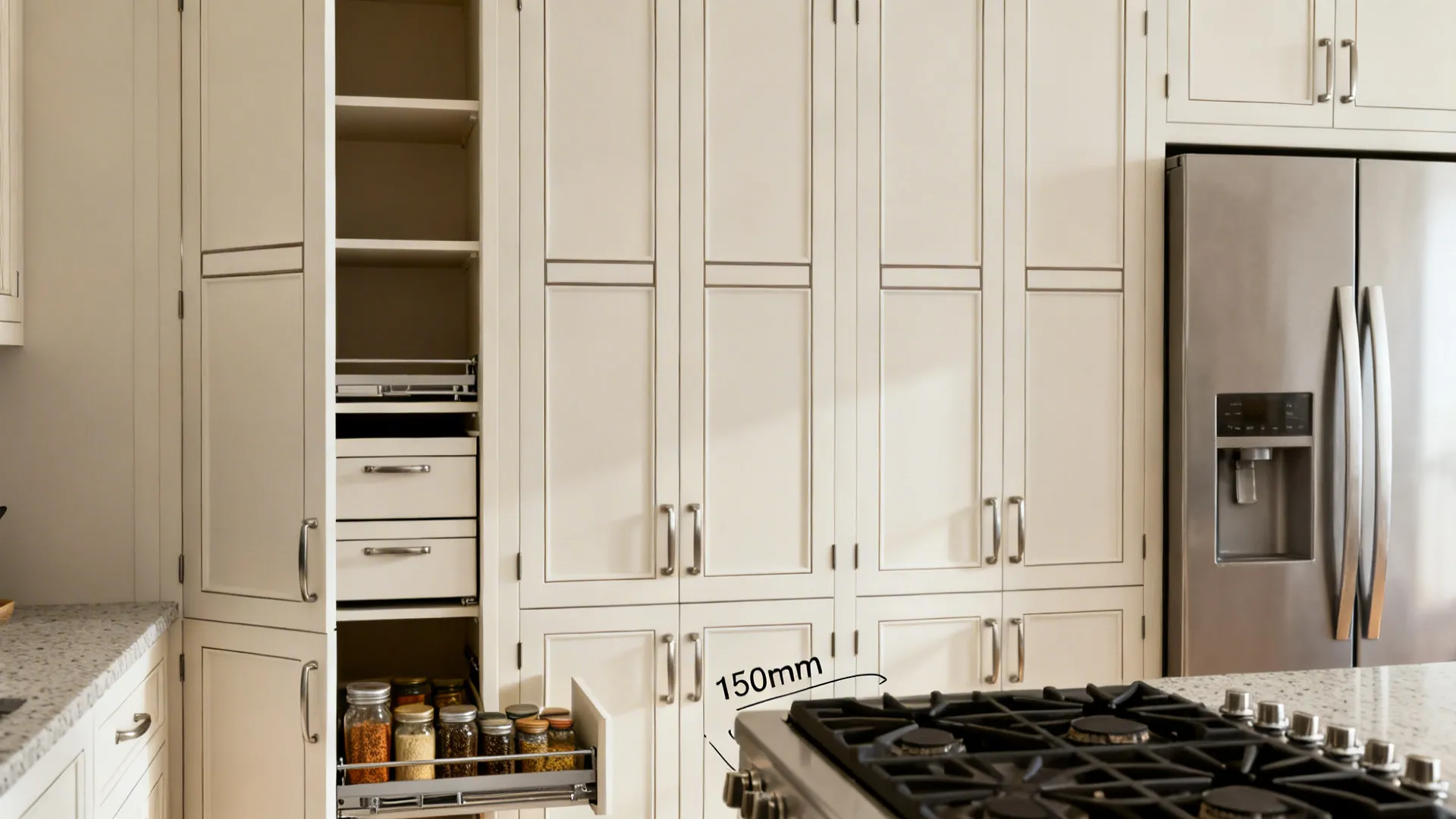 Small kitchen with a full-height pantry by the fridge and a slim 150 mm spice pull-out near the cooktop.