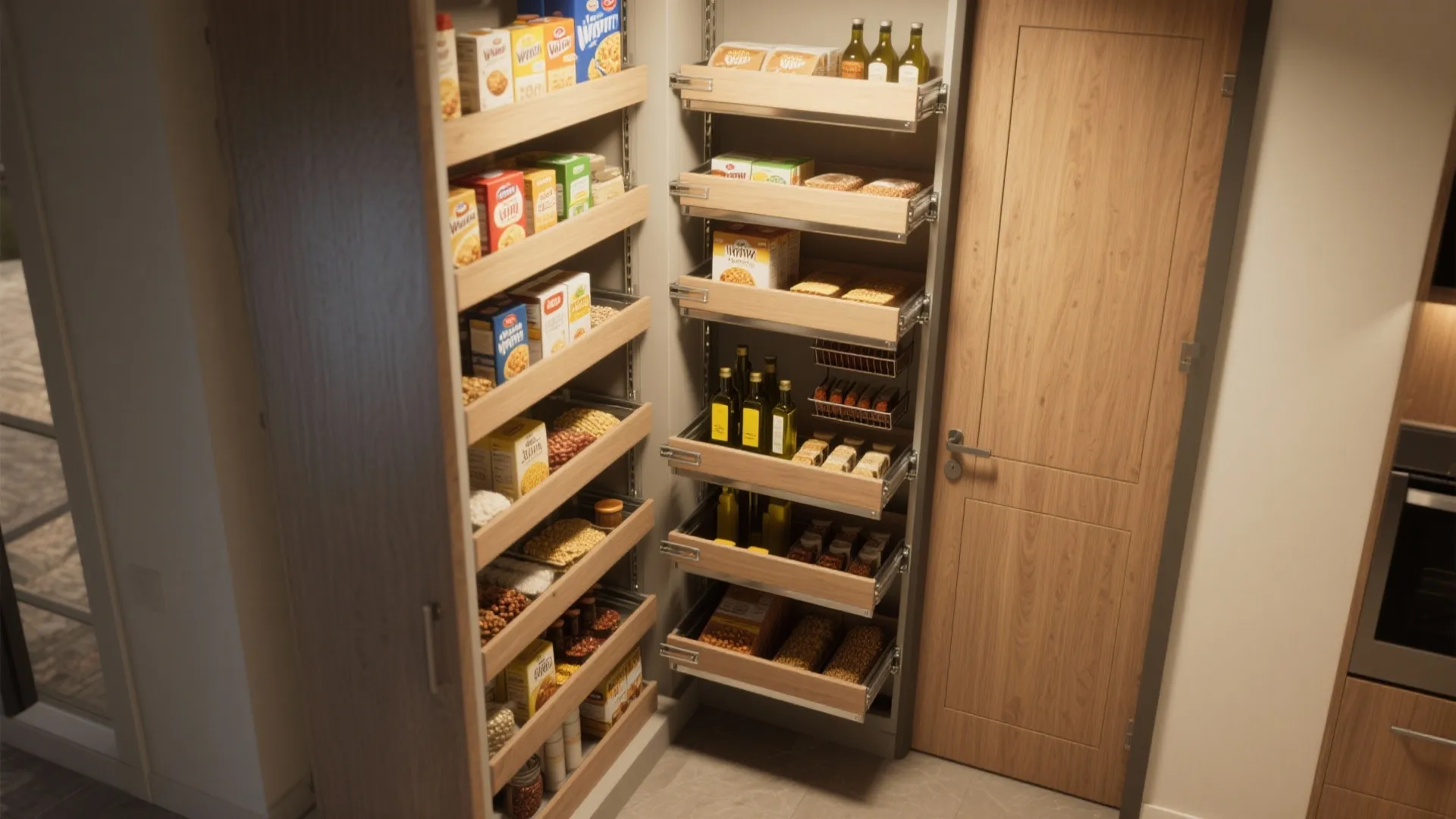 Tall kitchen cabinet with pull out drawers organized with food boxes bottles and glass jars