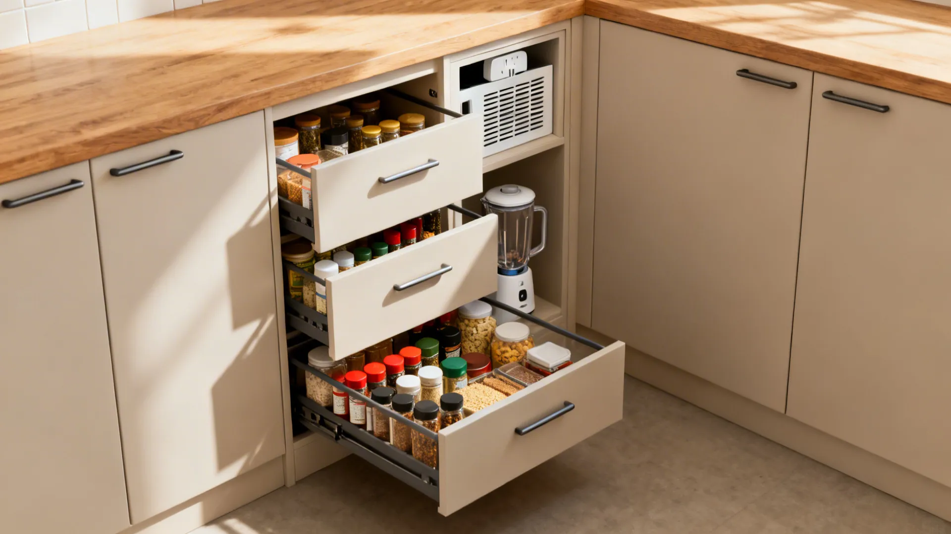 Open kitchen drawers filled with many glass jars and bottles for storage under wood countertop