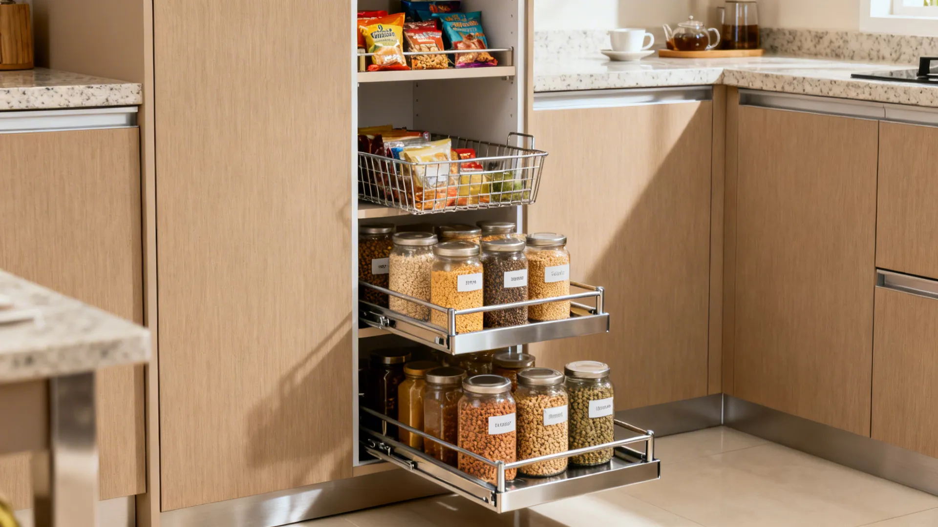 Full-height pantry with slim pull-out larders holding grains and pulses in a compact kitchen