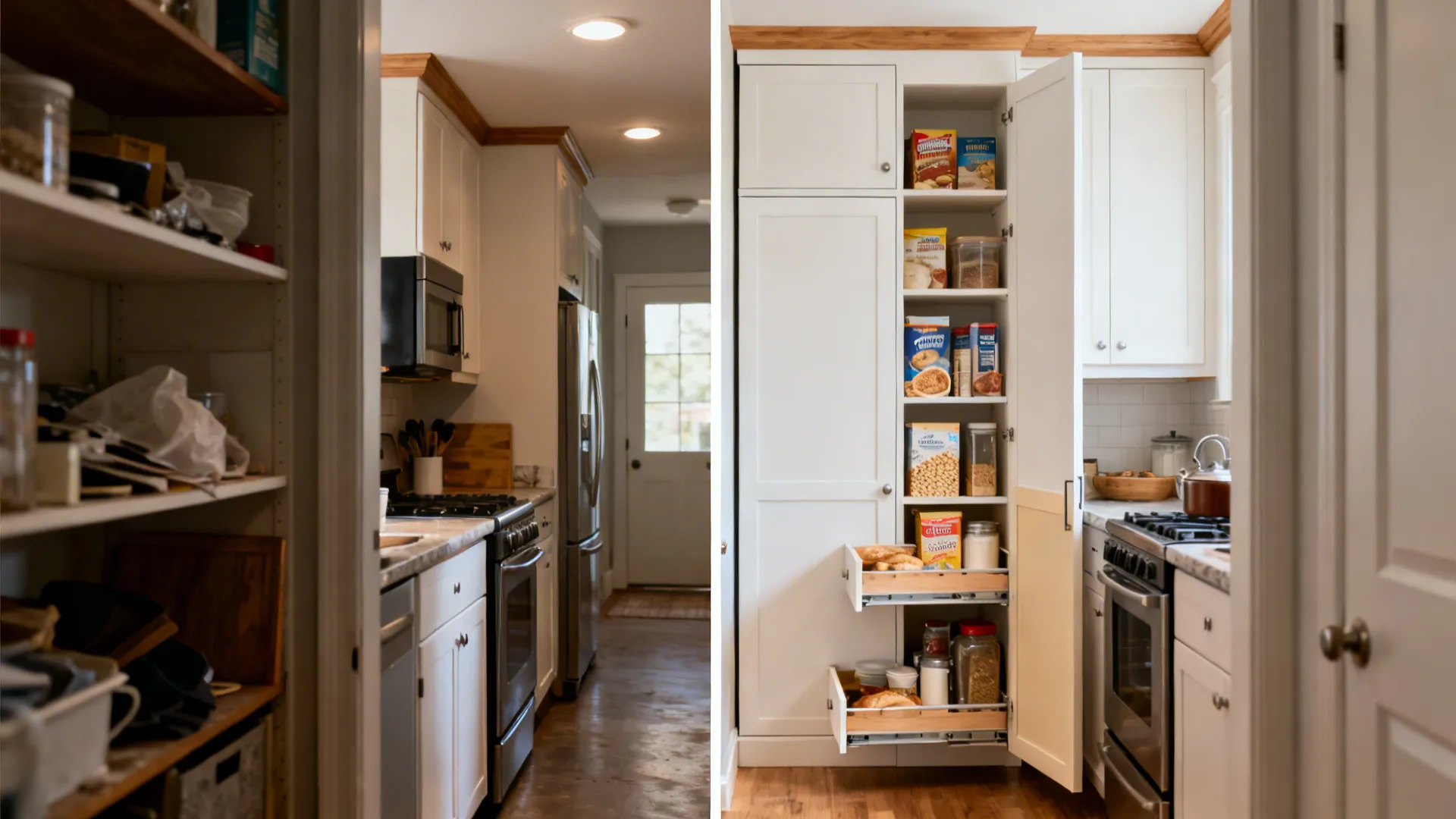 Before-and-after view showing a tall pantry tower with pull-out trays organizing a small kitchen.