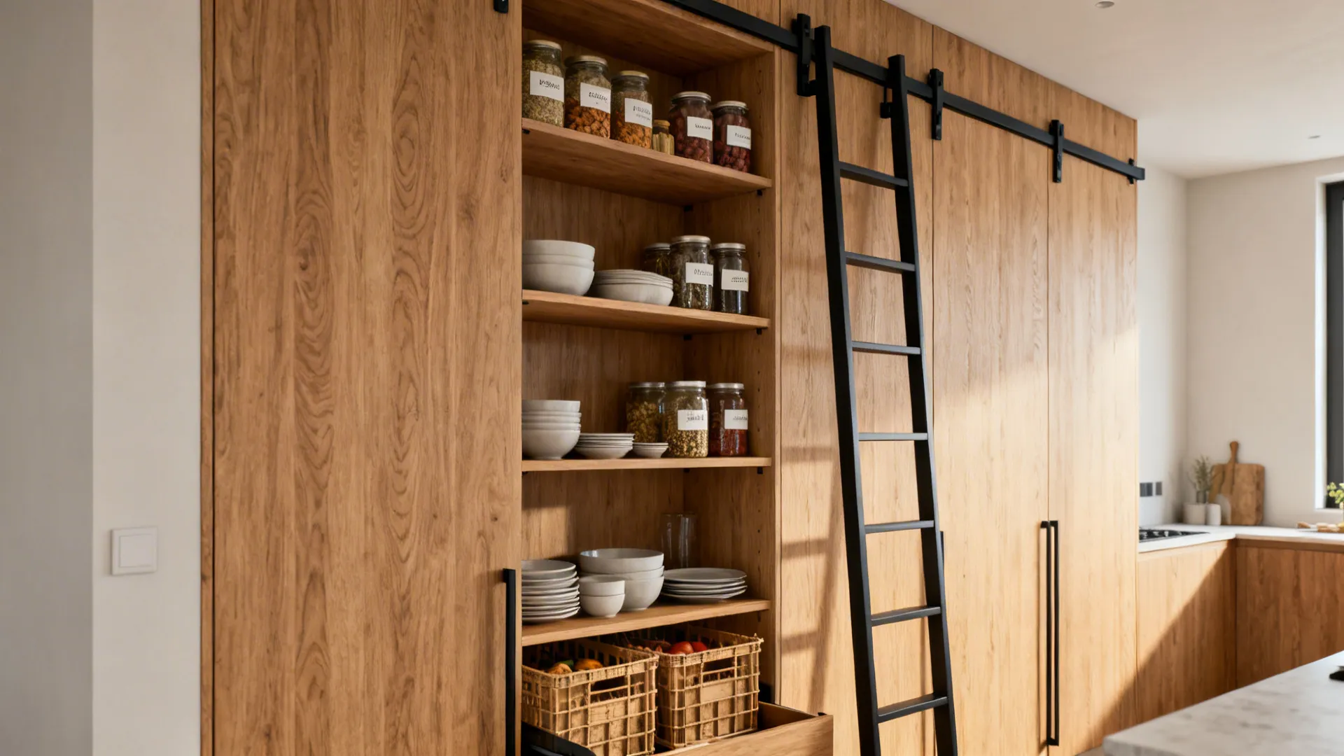 Floor-to-ceiling wooden pantry rack with adjustable shelves, ladder rail, and pull-out crates.