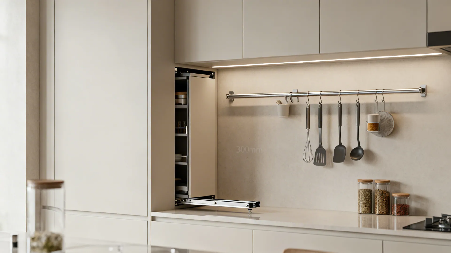 Tall pull-out pantry with adjacent wall rail system in a compact kitchen.