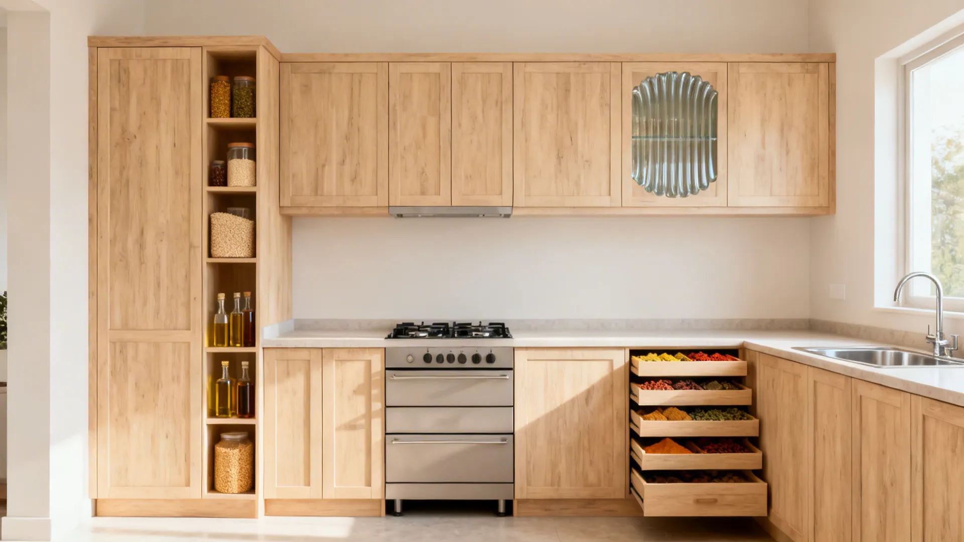 Light wood kitchen cabinet with open shelving for glass jars and slide out spice drawers