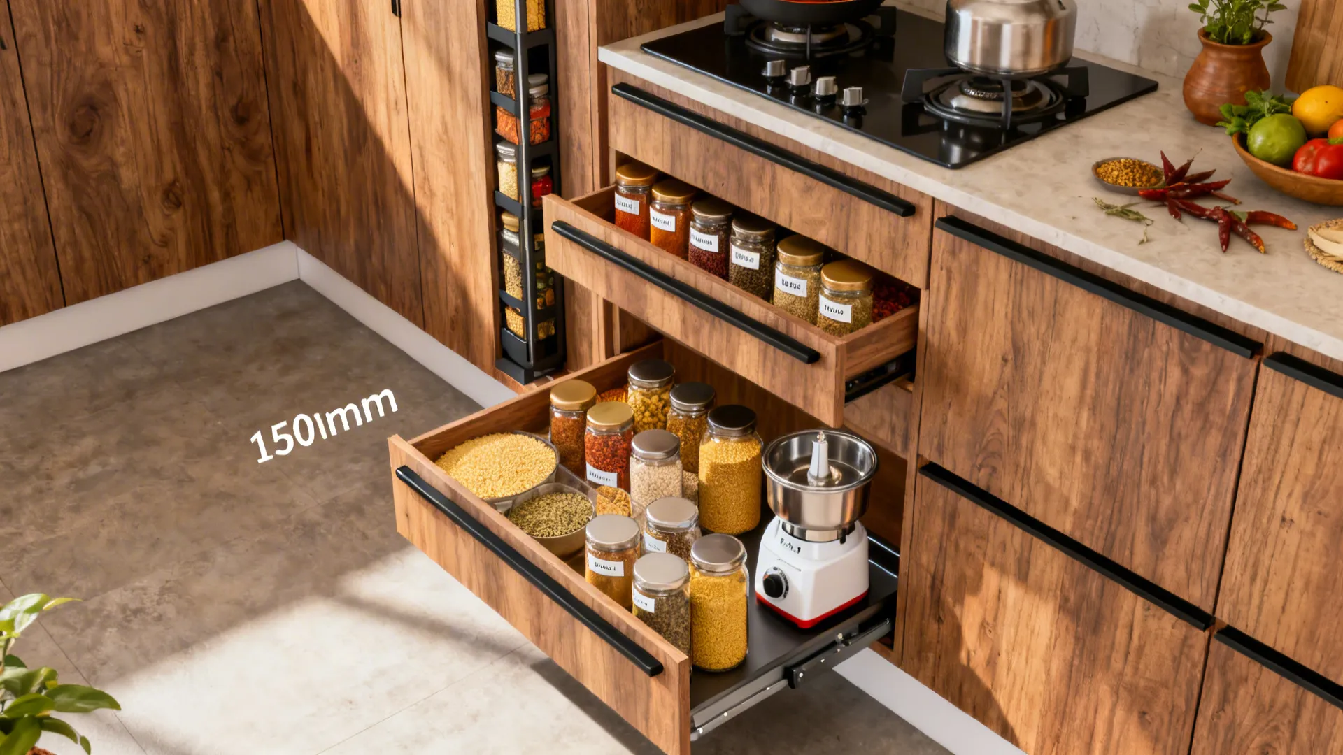 Tall pantry plus pull-out spice columns for serious masala storage
