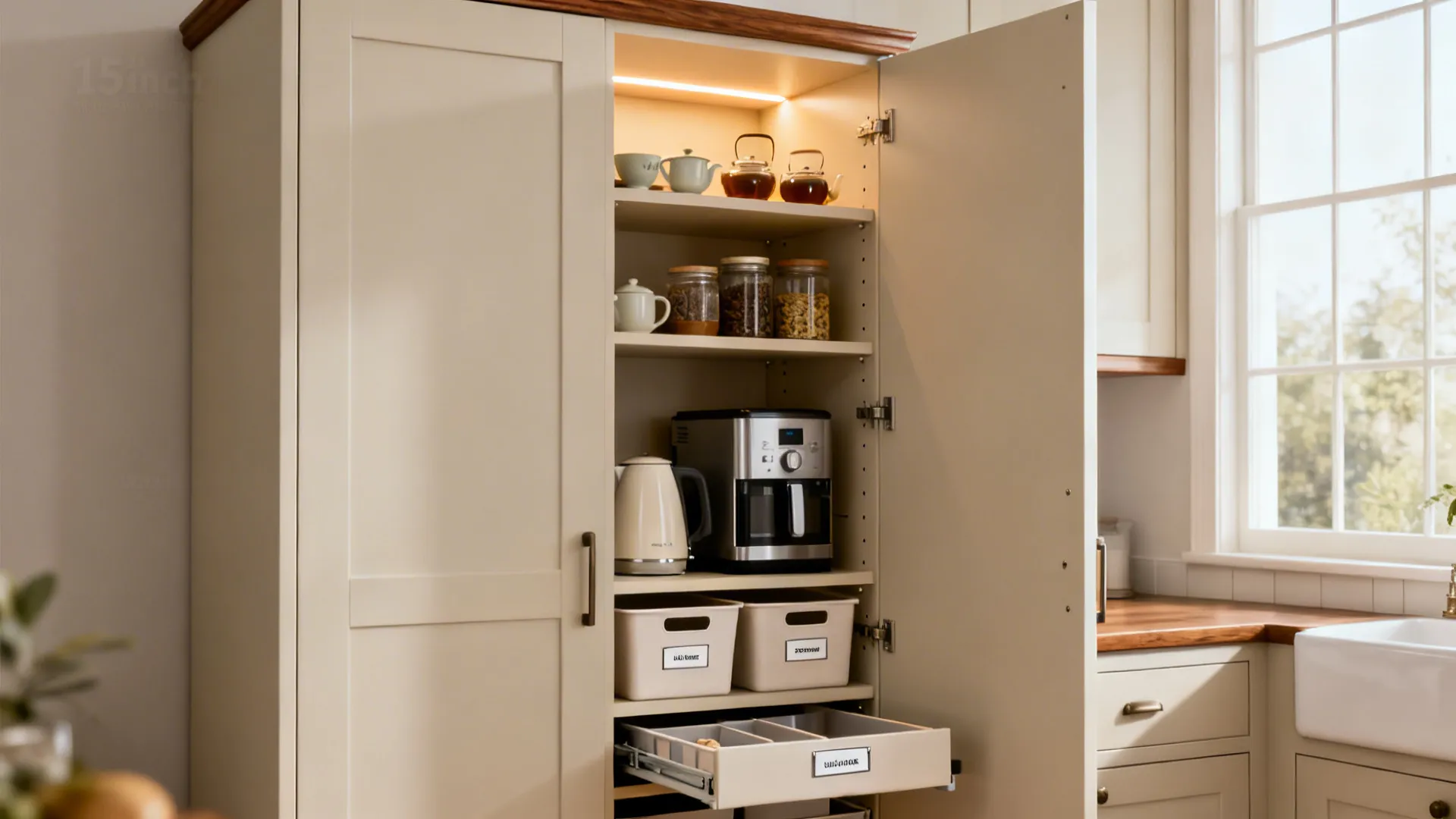4) Tall pantry towers with mixed-depth shelves