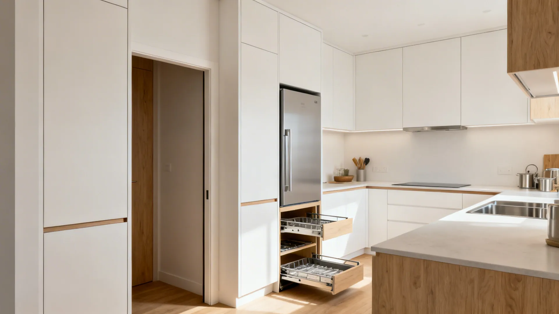Compact U-shaped kitchen with tall pantry towers, integrated fridge, and slim shadow reveals.