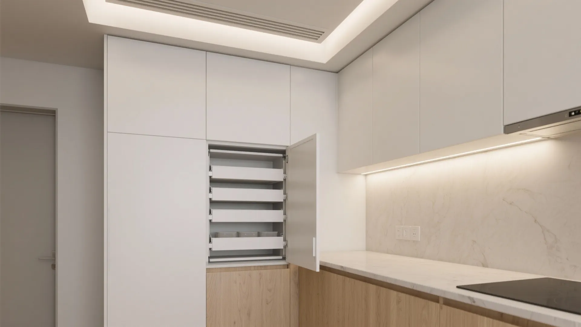 Modern white kitchen cabinet with an open pantry door showing several organized internal storage pullout drawers