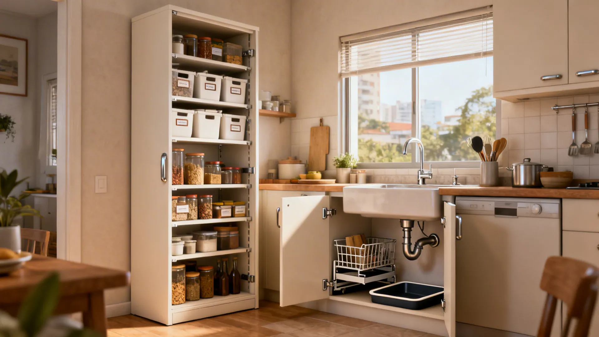Small kitchen with a tall pantry and an under-sink pull-out organizer arranged for tidy storage.