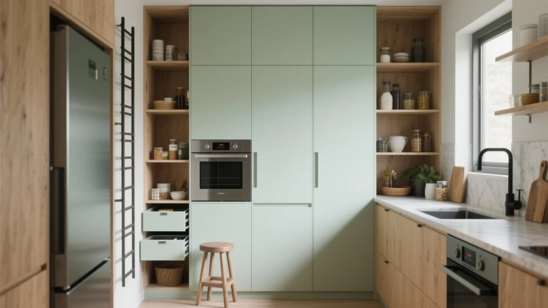 Mint green tall kitchen cabinet wall with built in oven open wood shelves and small stool
