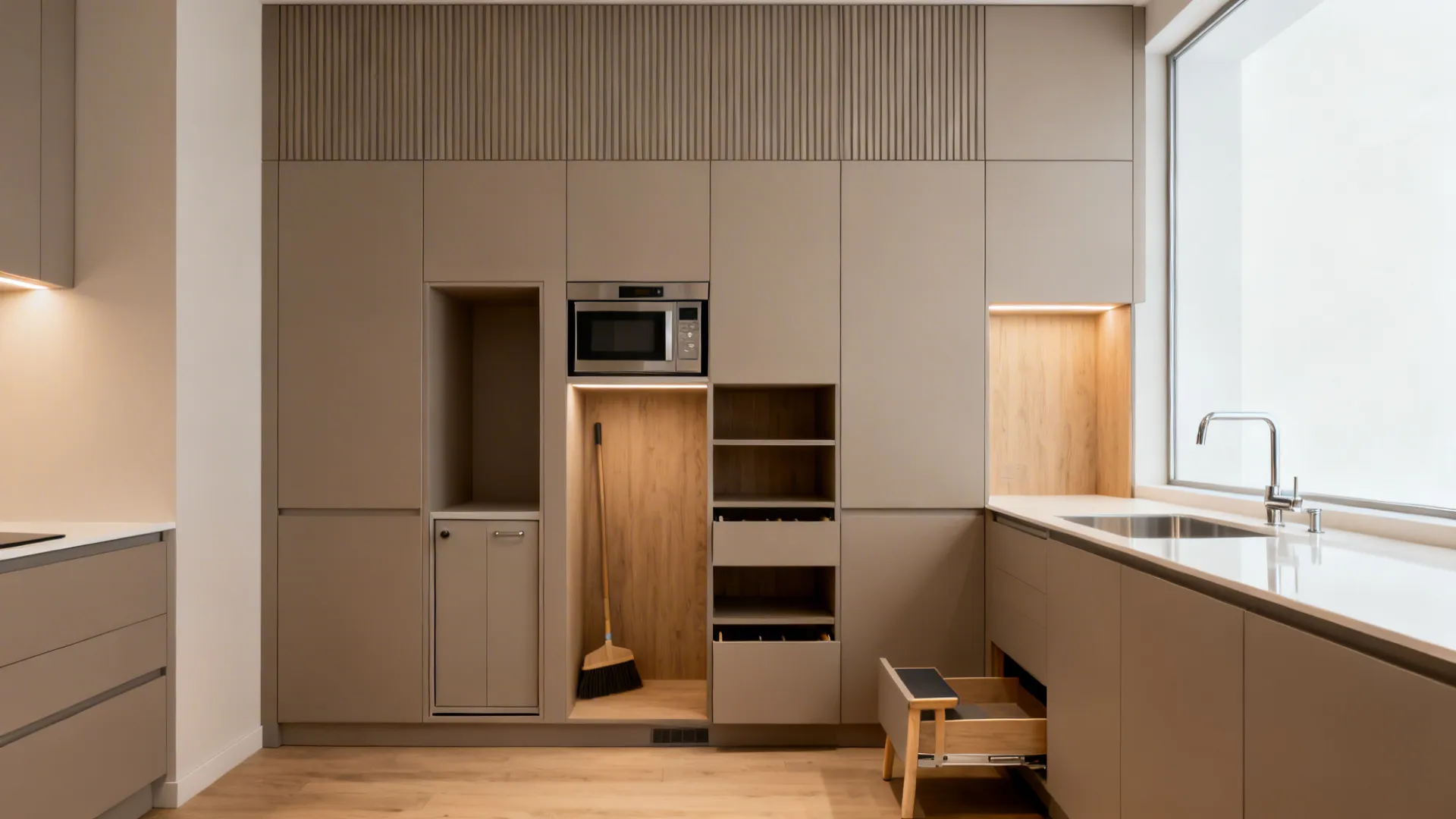 Floor-to-ceiling pantry wall with integrated pull-outs and a slim toe-kick step stool.