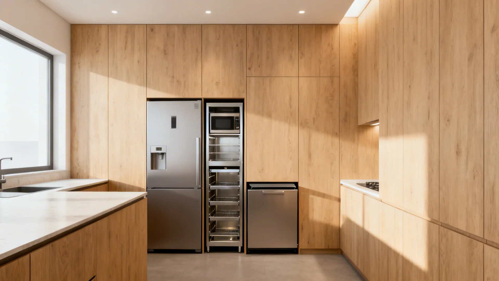 Tall pantry wall with integrated fridge and a flip-up appliance garage in warm light wood.
