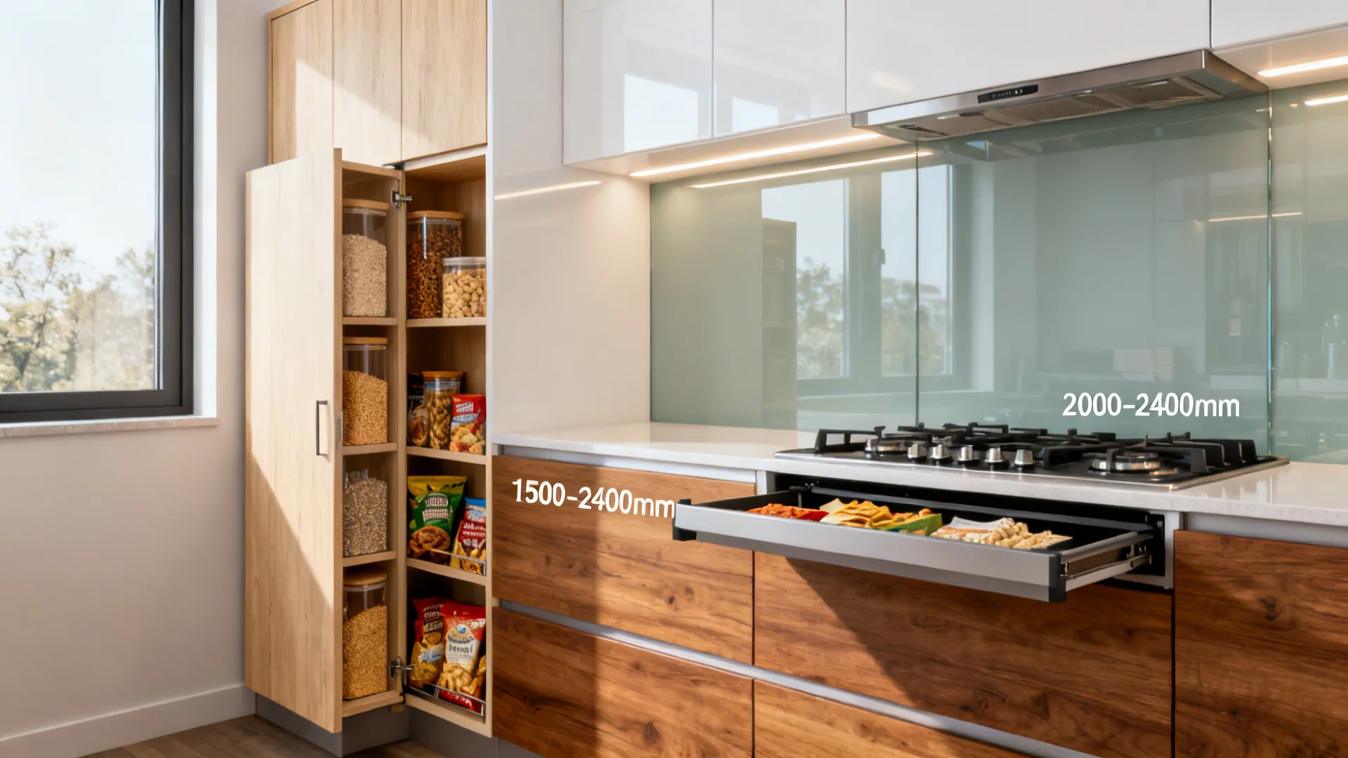 Small kitchen wall with a tall pantry tower and a slim pull-out unit beside the hob.
