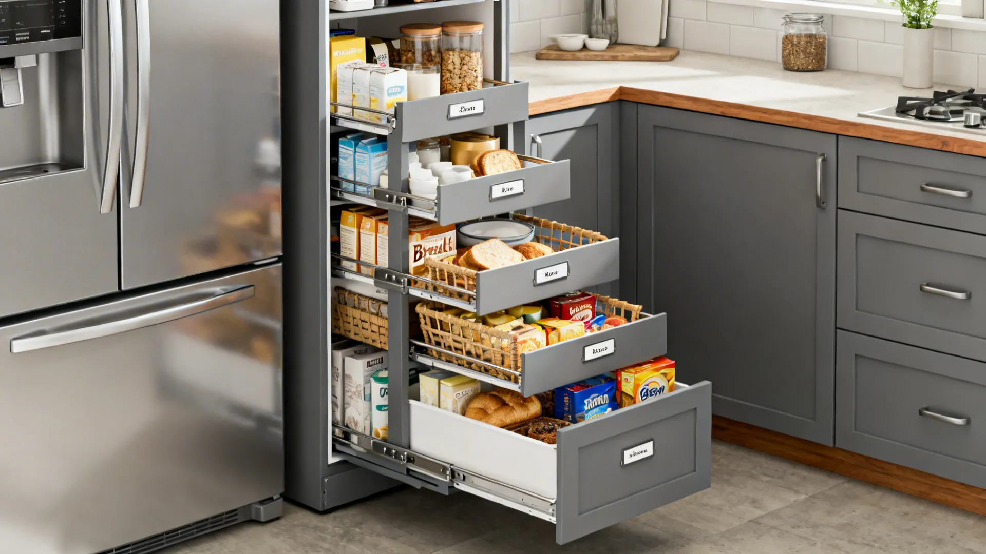 4) Tall pantry towers with zone planning