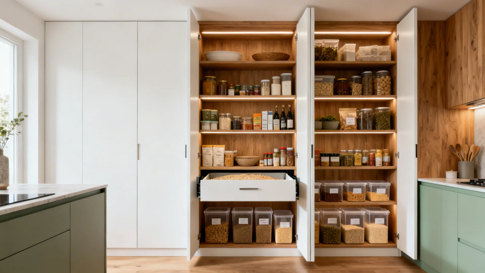 Full-height pantry open to show daily, weekly, and bulk zones with clear bins and a roll-out drawer.