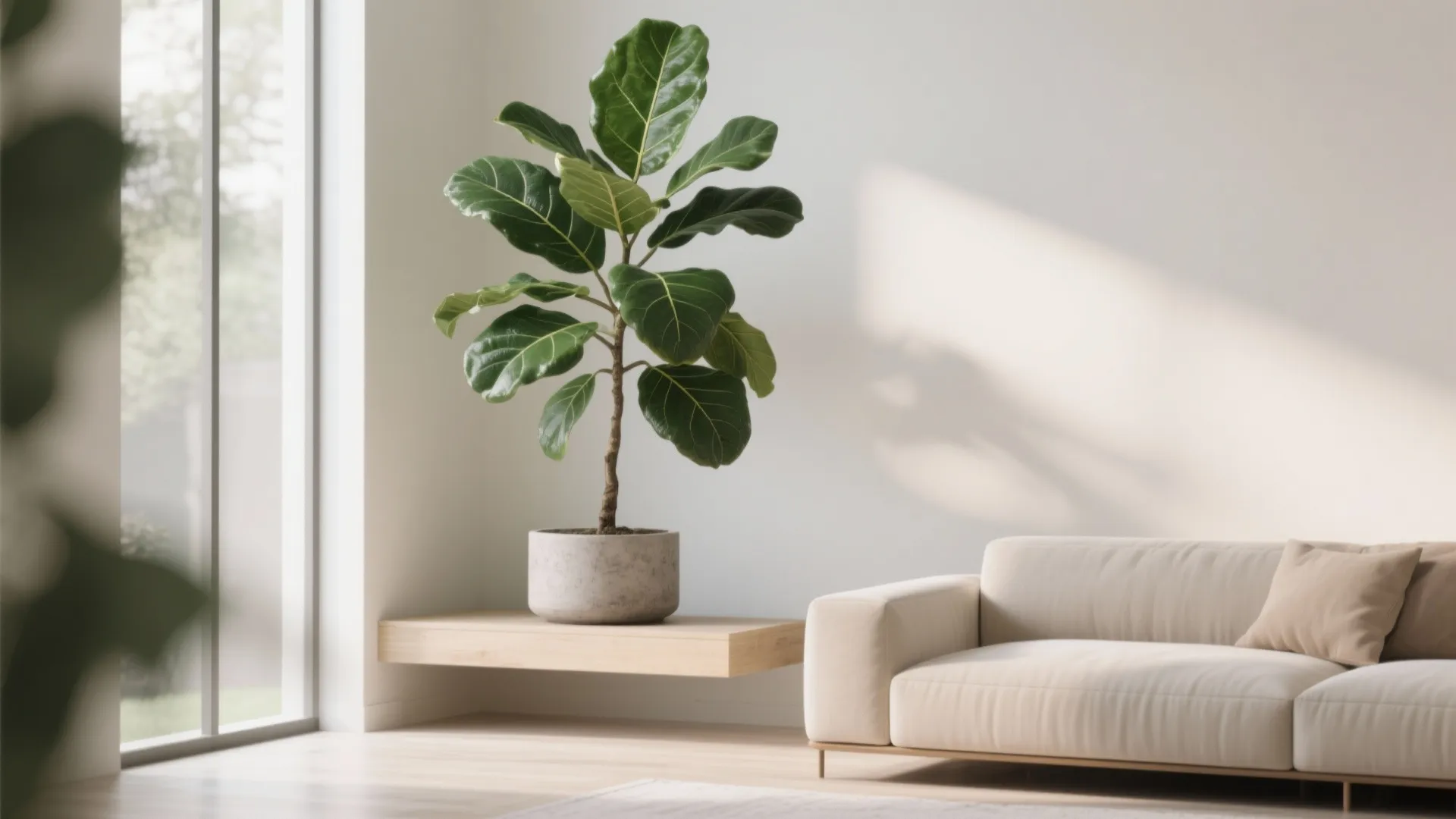 Tall fiddle-leaf fig plant in a bright living room corner