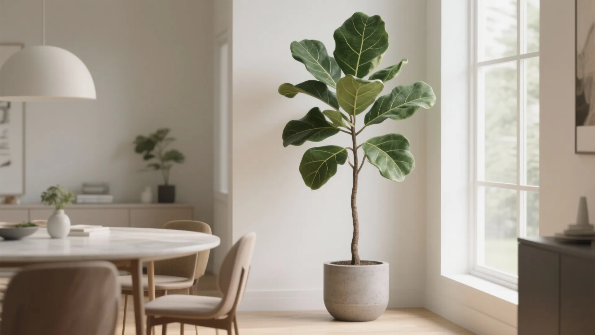 Tall fiddle-leaf fig plant in dining corner