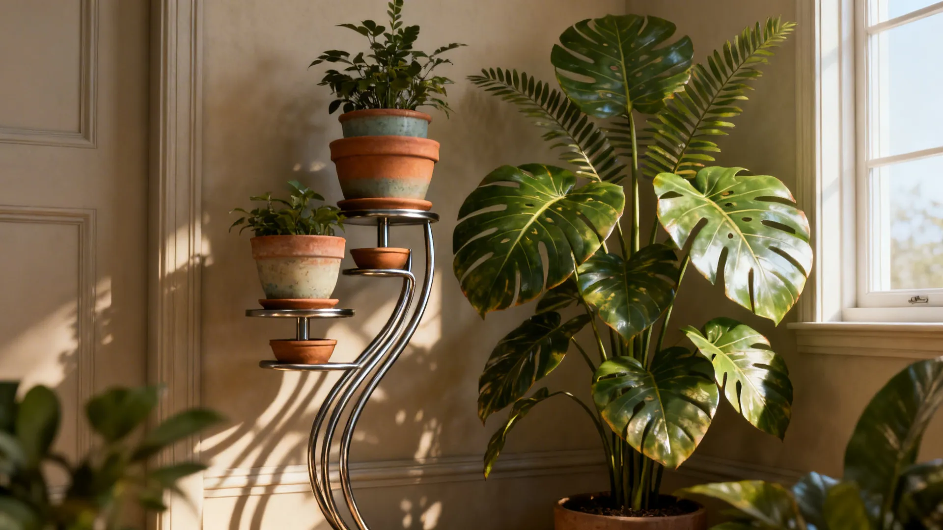 Green potted plants on a metal stand next to a large leaf plant by window