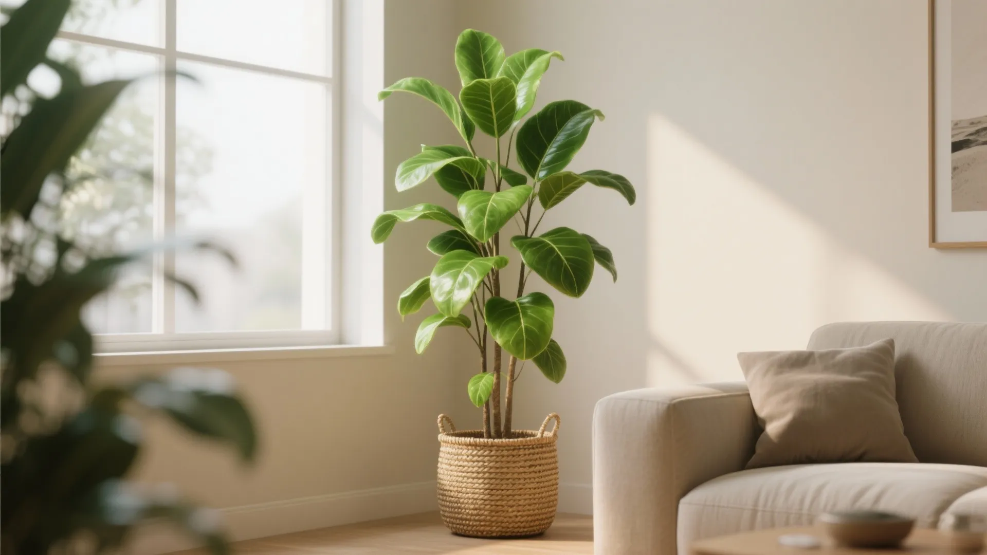 Tall green house plant in woven basket next to beige sofa and window with sunlight