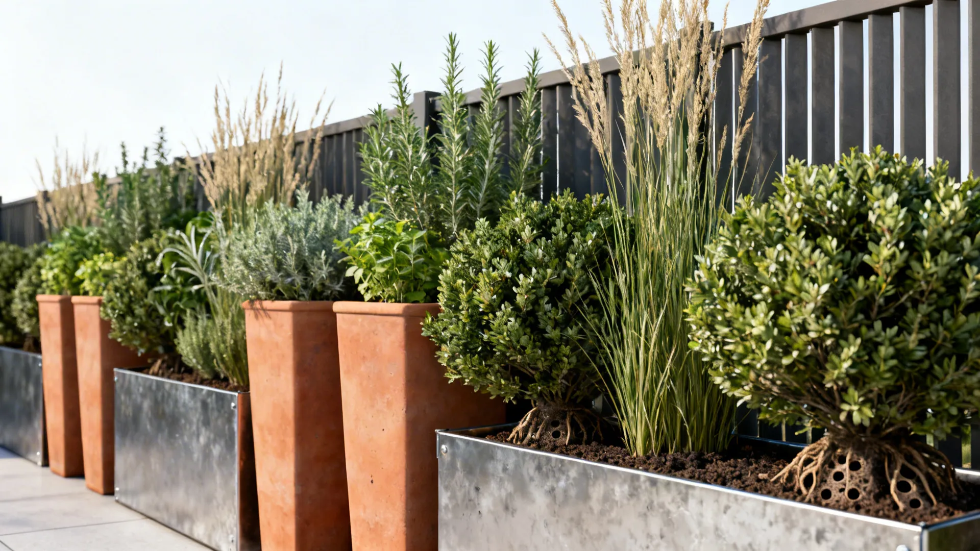 Tall narrow planters with layered herbs and grasses creating a privacy screen in a compact yard.
