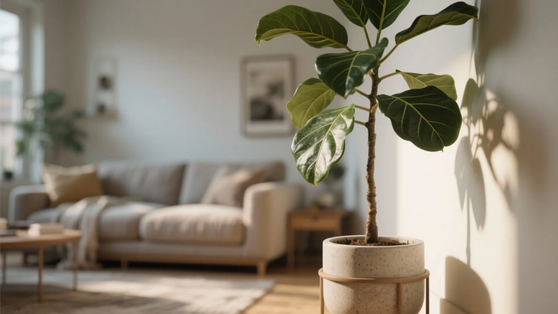 Large green potted plant standing in a bright living room with a soft grey sofa