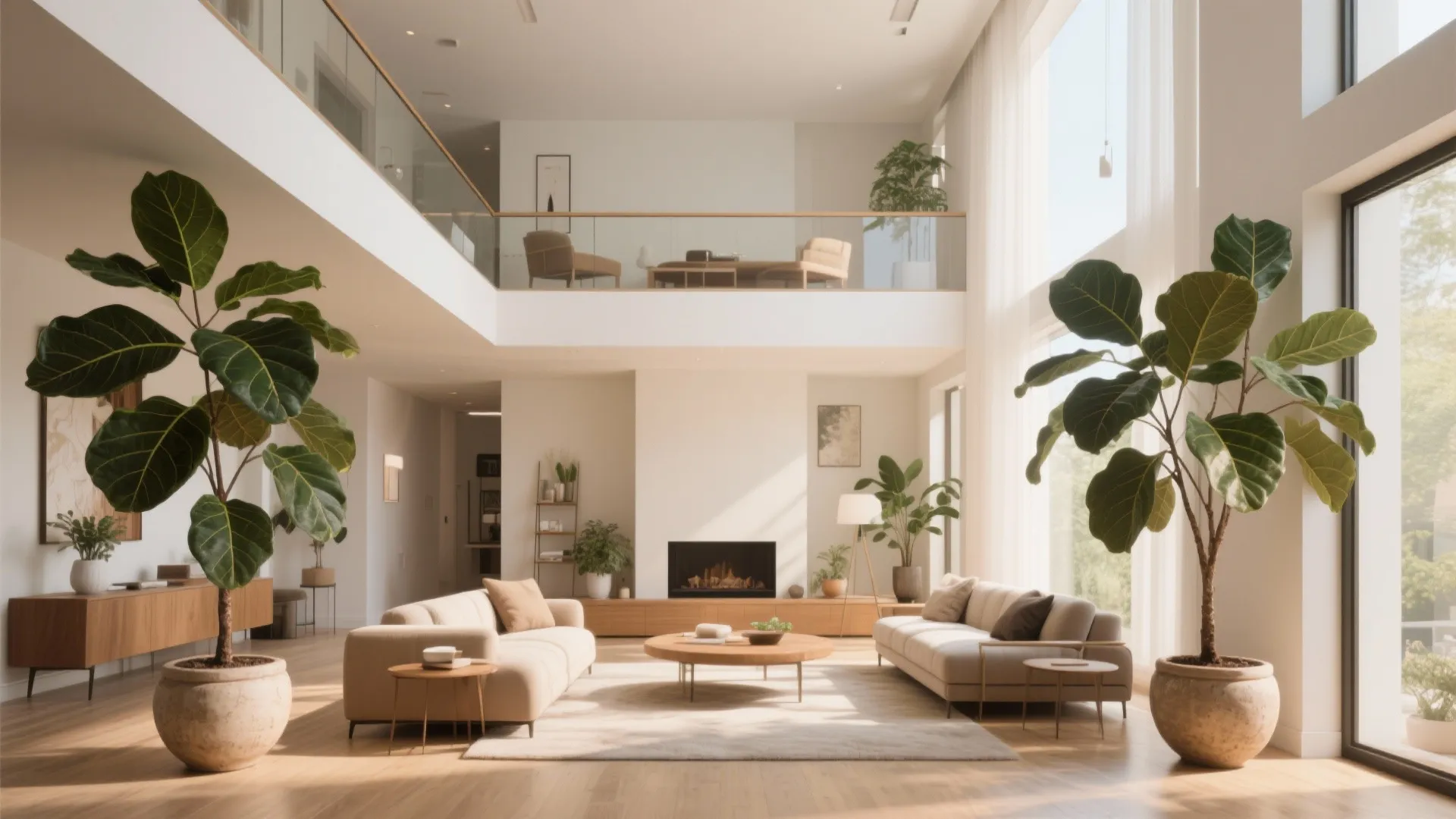 Spacious living room with tall green plants white sofas wooden coffee table and a fireplace