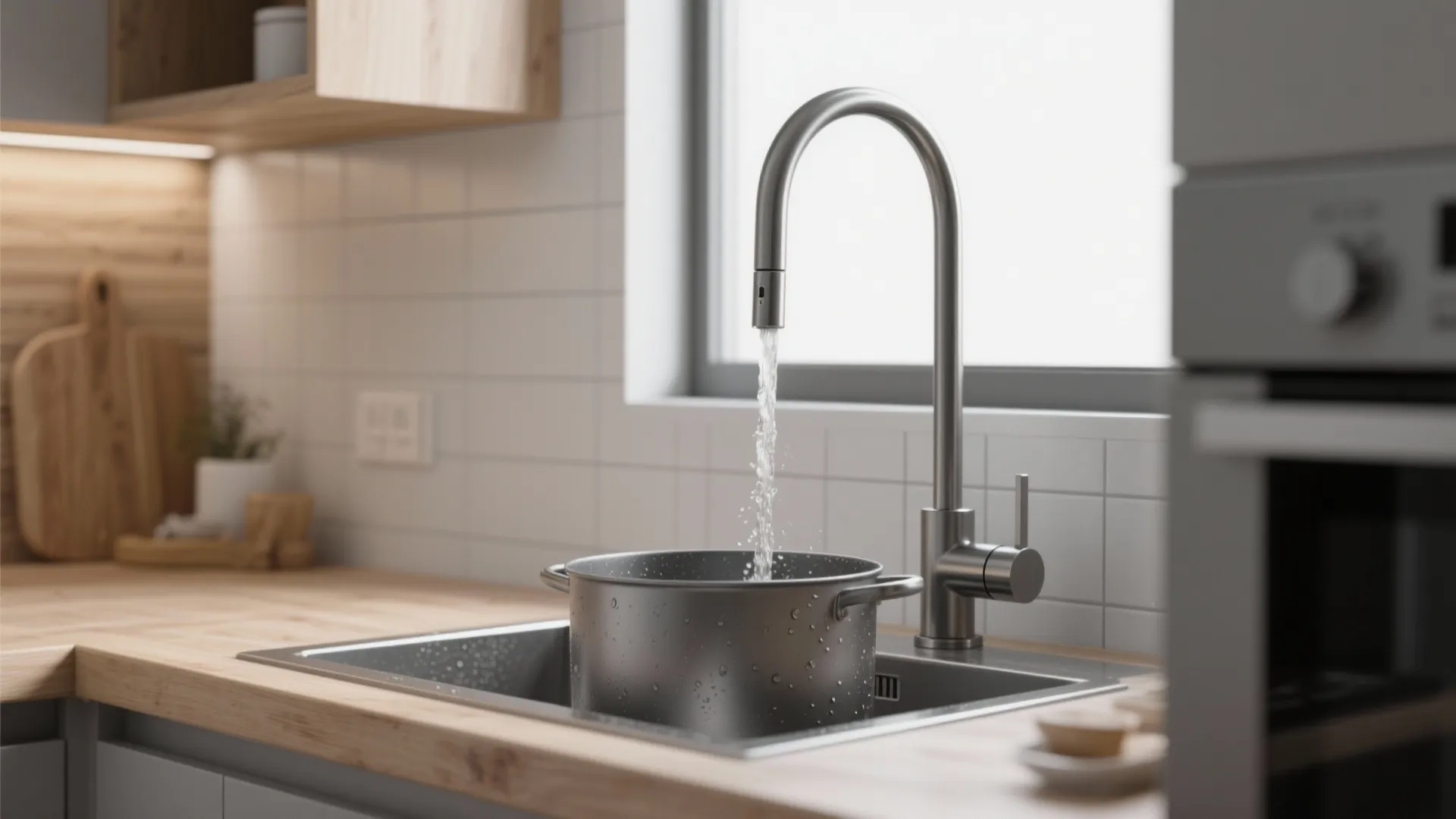 Tall matte pull-down spout over a shallow sink in a compact kitchen, showing clearance for a large pot.
