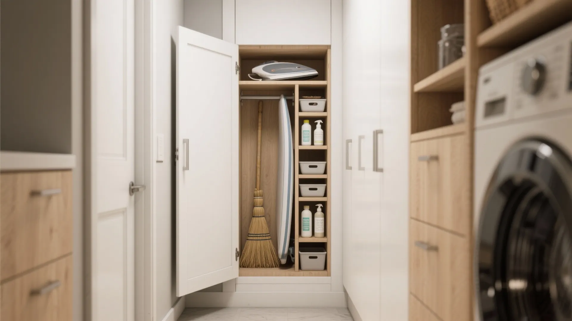 Open white tall cabinet showing broom ironing board cleaning supplies and organized shelves in laundry room