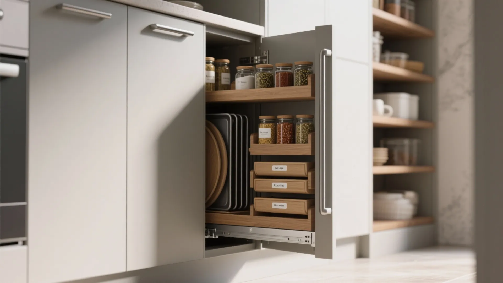 Use Tall, Narrow Pull-Out Cabinets