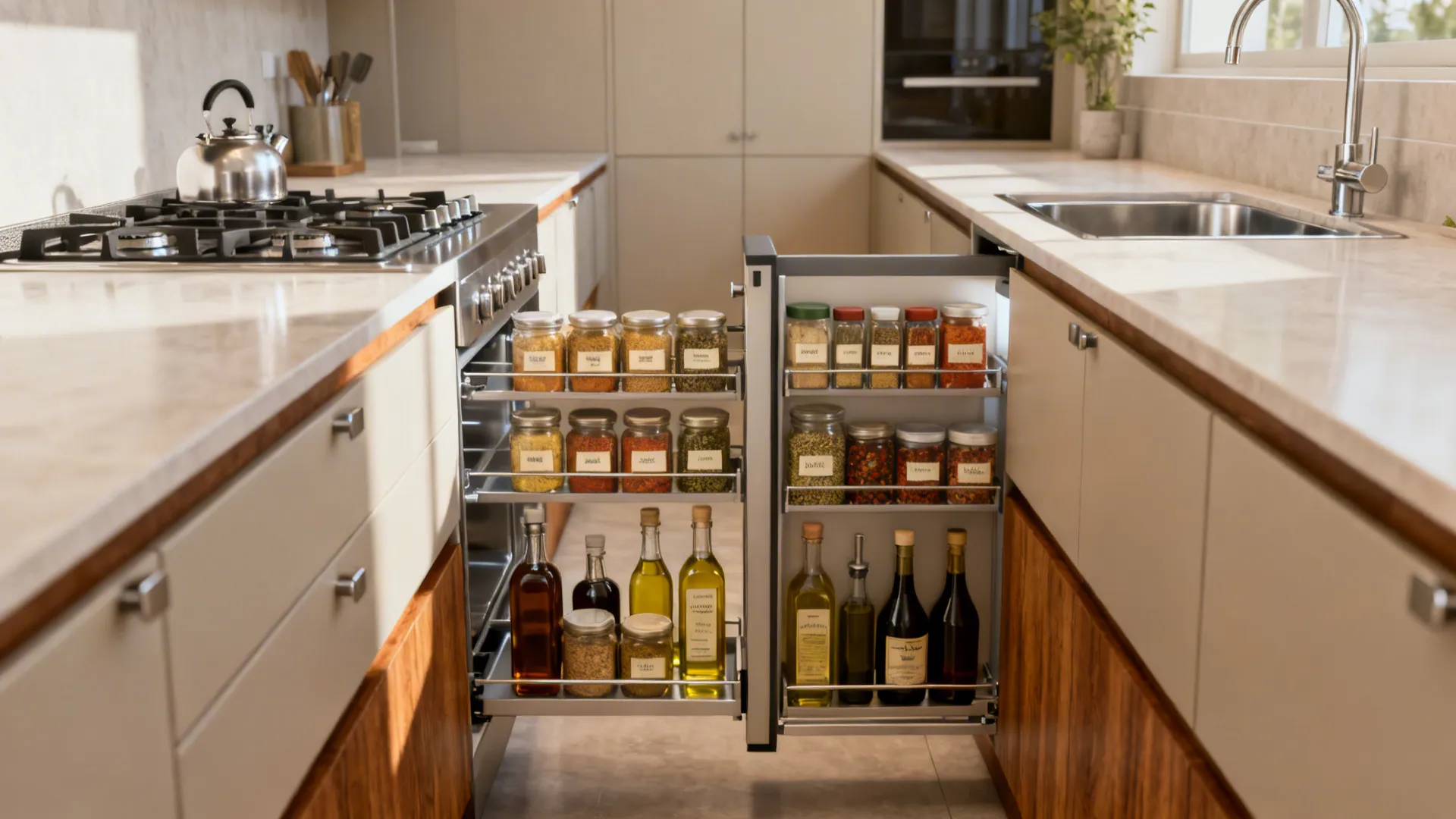 2) Tall pantry pull-outs flanking the cook zone