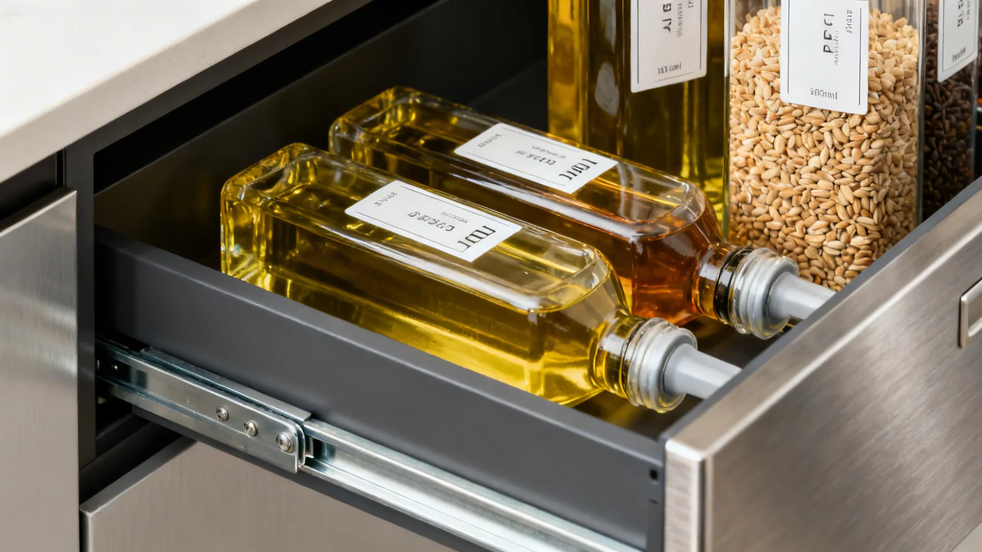 Macro of a tall pull-out storing cooking oils and grains on smooth runners.