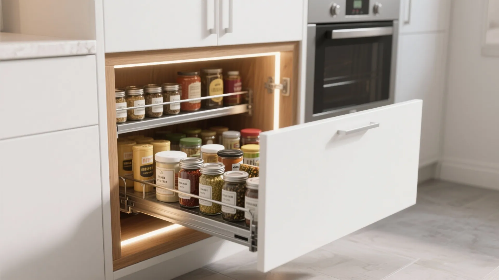 Modern white kitchen cabinet with open pull out drawer filled with glass spice jars and bottles