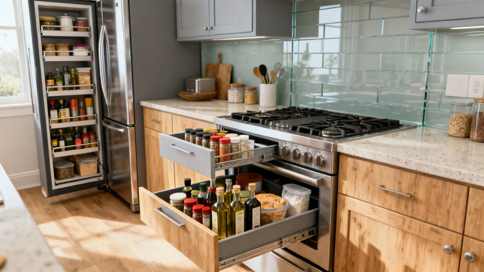Tall pull-out pantry beside a fridge and a slim spice pull-out by the range in a light wood and gray kitchen.