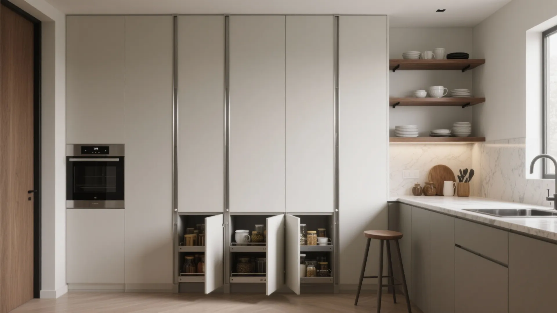 Floor-to-Ceiling Cupboard Wall with Zones and Pull-Outs