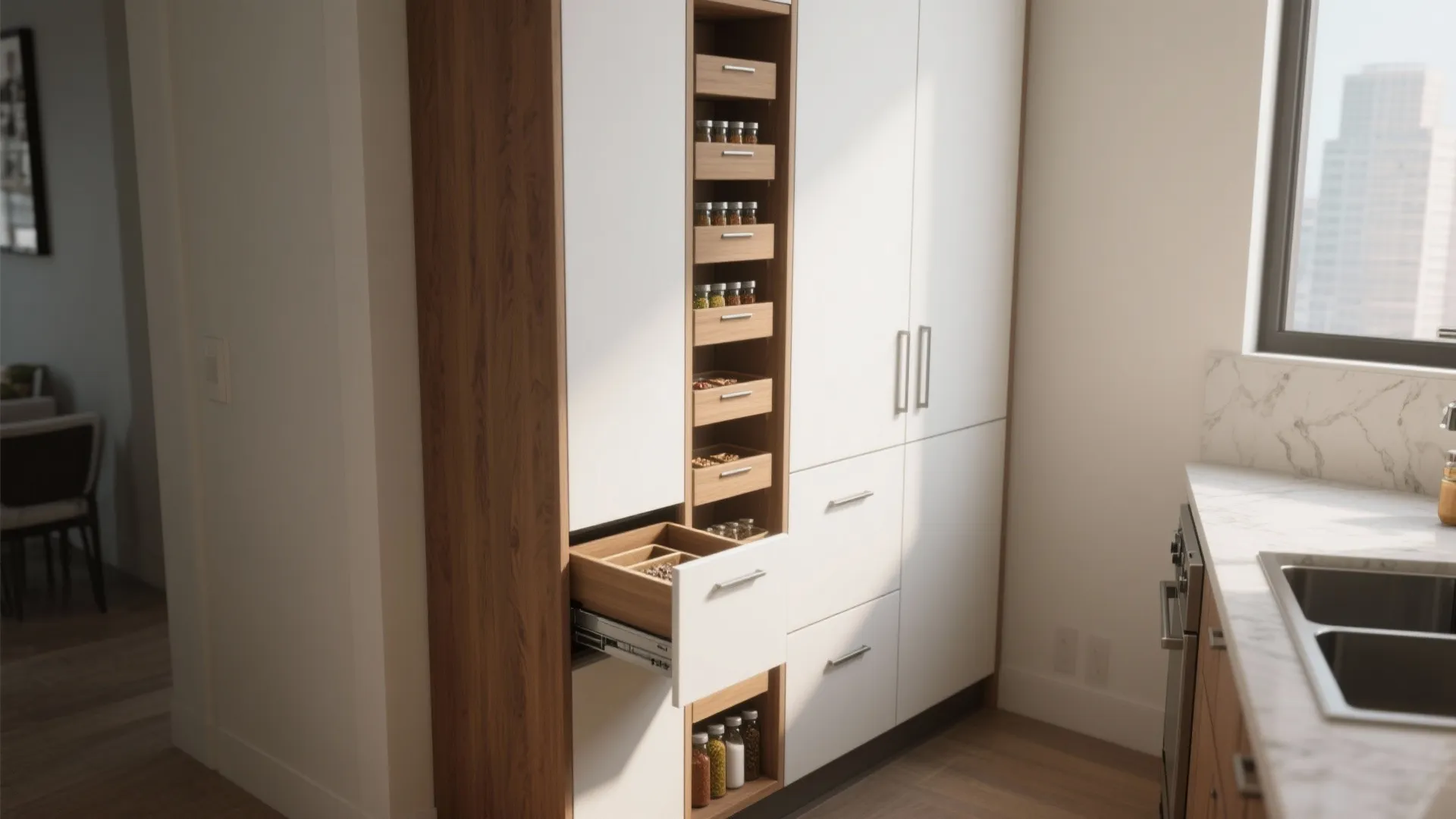 1. Go vertical: tall slim cabinets and pull-outs